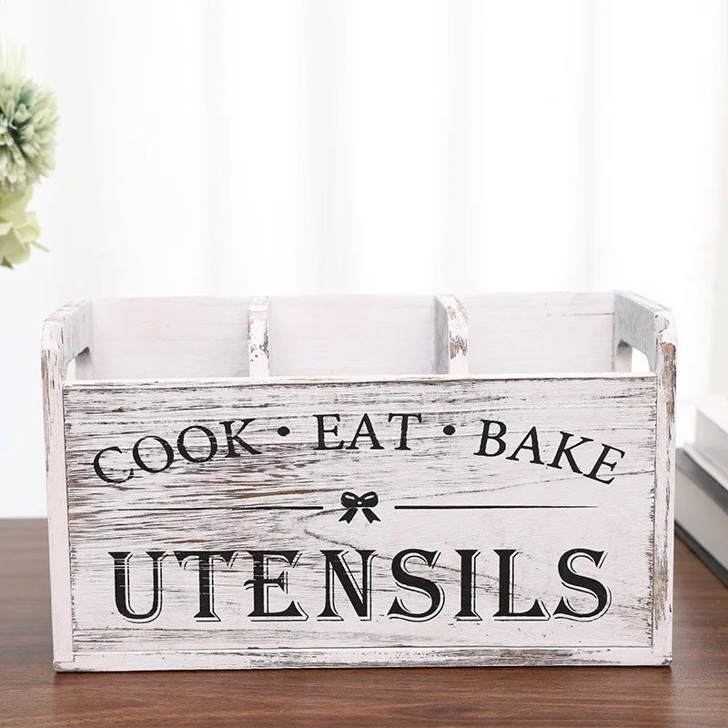 Wooden Vintage Kitchen Chopstick and Spoon Storage Box Solid Wood Divided Compartment Cutlery Organiser Desktop Stationery