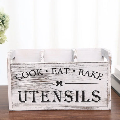 Wooden Vintage Kitchen Chopstick and Spoon Storage Box Solid Wood Divided Compartment Cutlery Organiser Desktop Stationery