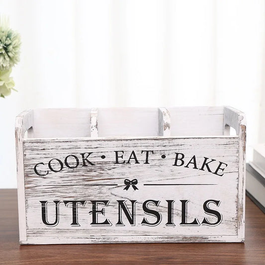 Wooden Vintage Kitchen Chopstick and Spoon Storage Box Solid Wood Divided Compartment Cutlery Organiser Desktop Stationery