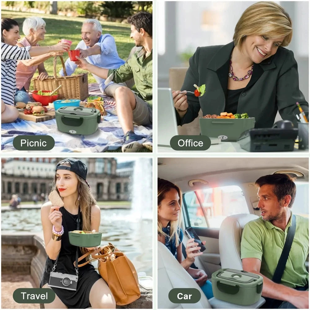 80W Electric Heated Lunch Box Portable Food Warmer Leakproof 2 Compartments Stainless Steel Liner for Work Office Car Truck Home