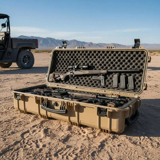 Rifle Protective Trunk 40 Inch For Hunting Shooting Range Tactical Training, Pre-cut Foam Lockable Latches Rolling Wheels Khaki Large Firearm Container Shotgun Airsoft Storage Case