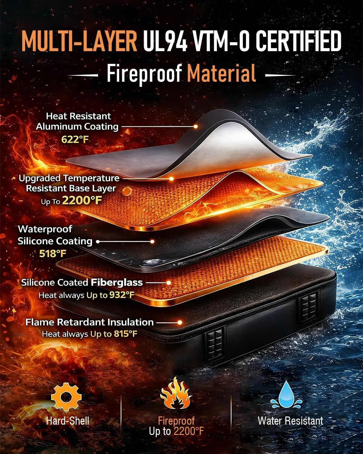 Hard-Shell Fireproof Document Safe with Lock, Waterproof File Box for Documents, Laptops, Passports - Black