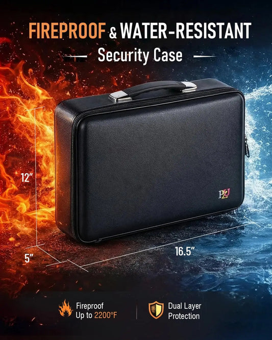 Hard-Shell Fireproof Document Safe with Lock, Waterproof File Box for Documents, Laptops, Passports - Black
