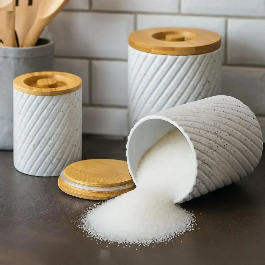 Canister Set for Kitchen Countertop amp Pantry 3 Airtight Food Storage Containers for Flour, Sugar amp More Durable White Cerami