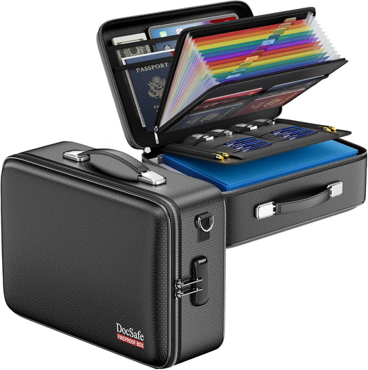 Fireproof Document Box with Lock, Water Resistant Hard Case for Important Files, Laptop Storage in Home Office Travel