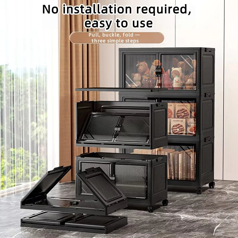 22.4 Inch Foldable Storage Box, Double Doors Multi-Layer No Assembly Organizer for Drinks/Snacks/Toys/Daily Items, Space-Saving