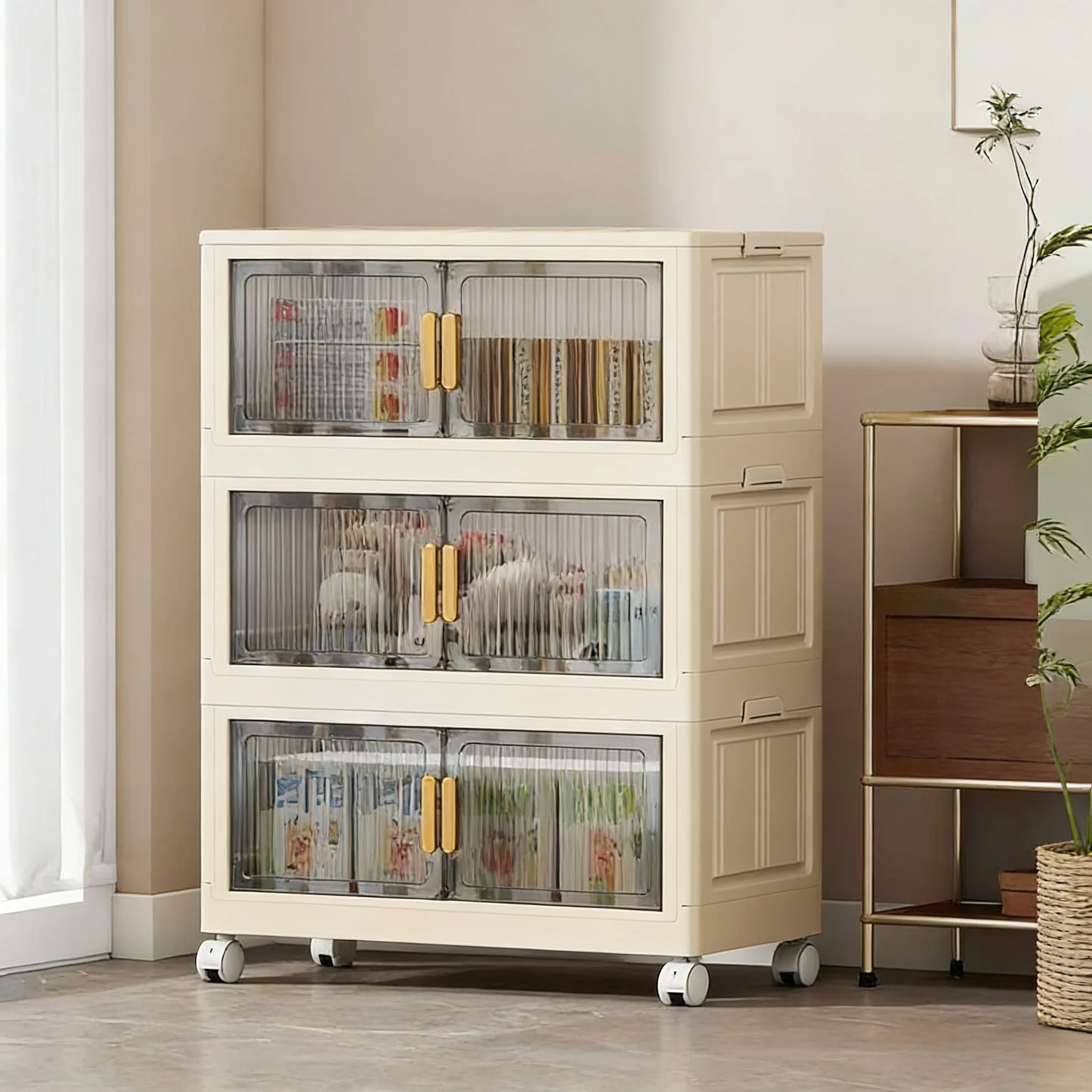 Collapsible Sturdy Storage Cabinet with Drawers and Wheels - Roomy Multi-purpose PP Organizer - Durable Storage Shelf
