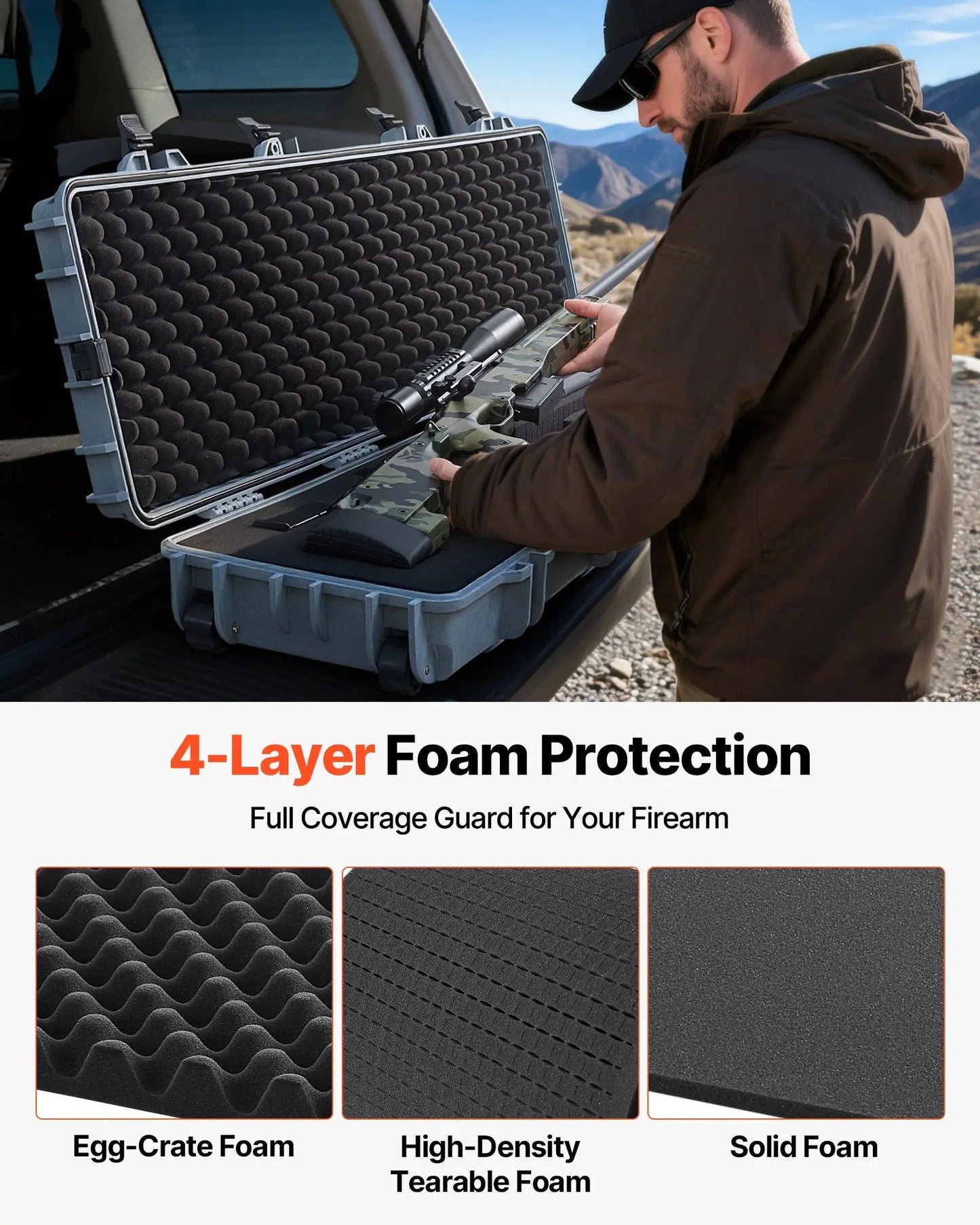 Hard Rifle Case, Lockable Rifle Case with Pre-cut Foams, 50 in Movable Gun Storage with Wheels, IP67 Waterproof & Dustproof
