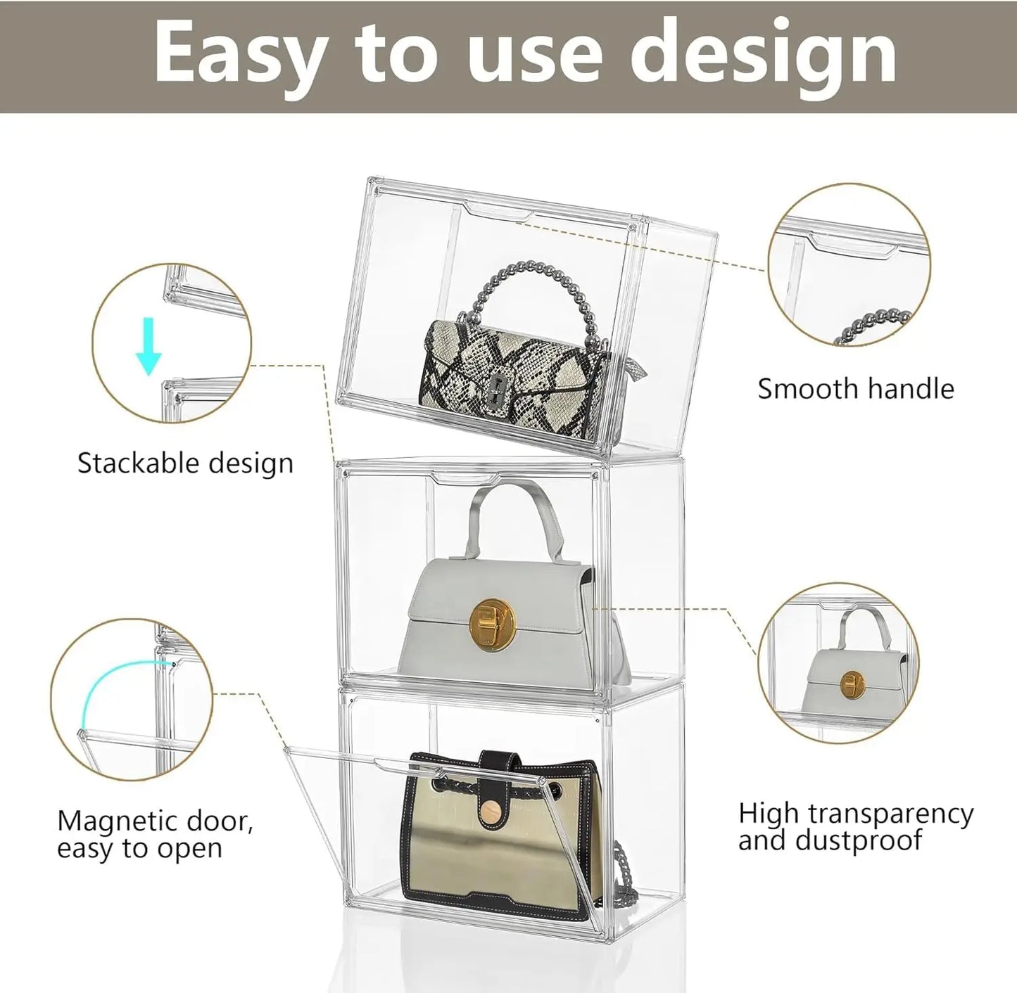Clear Display Box Organizer Stackable with Magnetic Door Large Capacity Storage Box Purse  Showcase For Makeup Book Collectibles