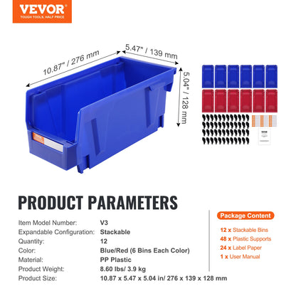SucceBuy Parts Bin 12pcs 5x5x10in Blue/Red Stackable Plastic Garage Tool Storage Box Container Organizer Bin for Closet Garage