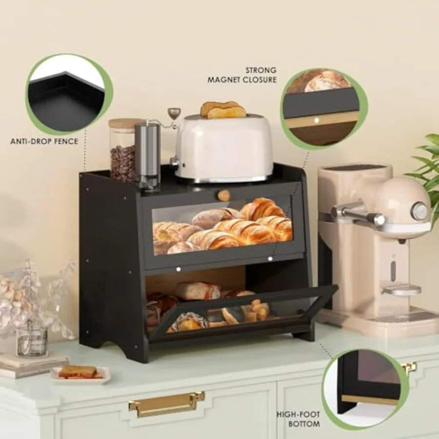 Double Layer Bread Box for Kitchen Countertop with Acrylic Door Wooden Farmhouse Bread Holder