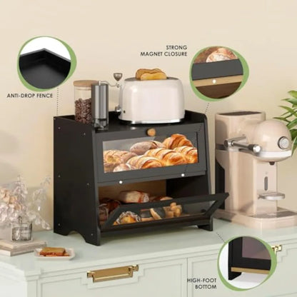 Double Layer Bread Box for Kitchen Countertop with Acrylic Door Wooden Farmhouse Bread Holder