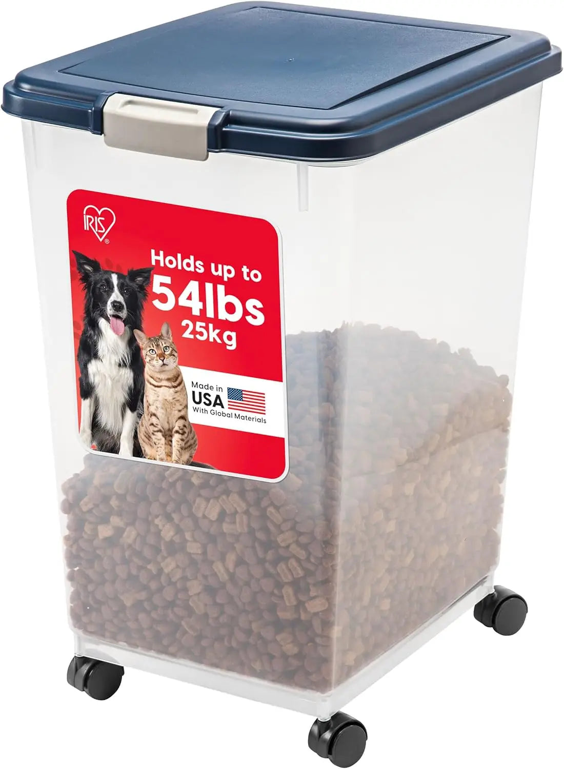 Pet Food Storage Container with Wheels, Airtight Seal for Freshness, Holds Up to 54 Pounds, Translucent Design - Navy