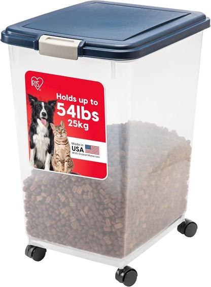 Pet Food Storage Container with Wheels, Airtight Seal for Freshness, Holds Up to 54 Pounds, Translucent Design - Navy