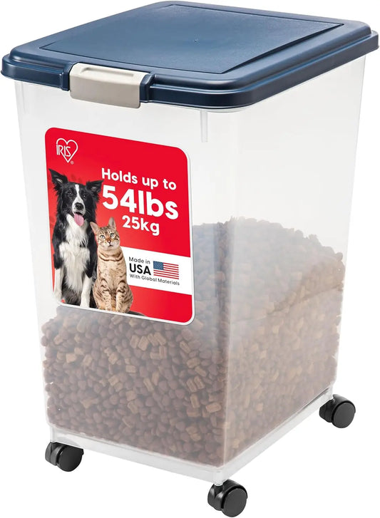 Pet Food Storage Container with Wheels, Airtight Seal for Freshness, Holds Up to 54 Pounds, Translucent Design - Navy