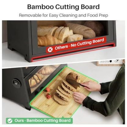 Bread Box - Kitchen Countertop Bread Storage Container with Bamboo Cutting Board Adjustable Vent Hole Dials
