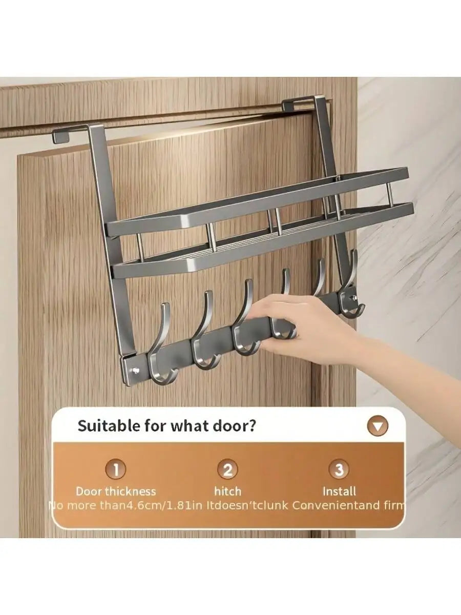 Gun Gray Over-the-Door Hook Rack with Storage Shelf, 6 Heavy-Duty Hooks for Coats, Bags, Hats & Keys, No-Drill Door Back Organiz