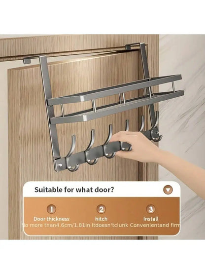 Gun Gray Over-the-Door Hook Rack with Storage Shelf, 6 Heavy-Duty Hooks for Coats, Bags, Hats & Keys, No-Drill Door Back Organiz