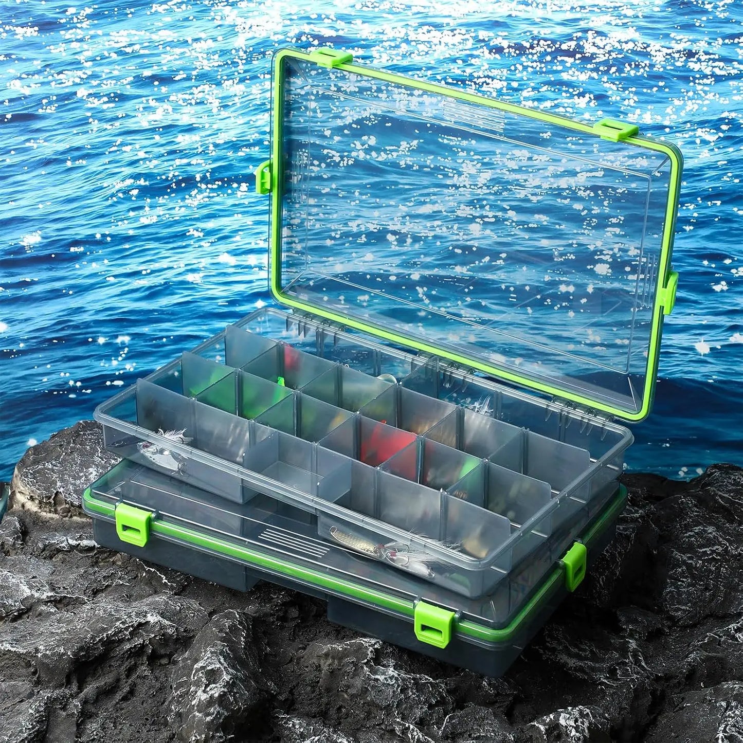 Waterproof Fishing Tackle Box with Removable Dividers, 3600 & 3700 Trays, Camouflage Storage for Freshwater Saltwater