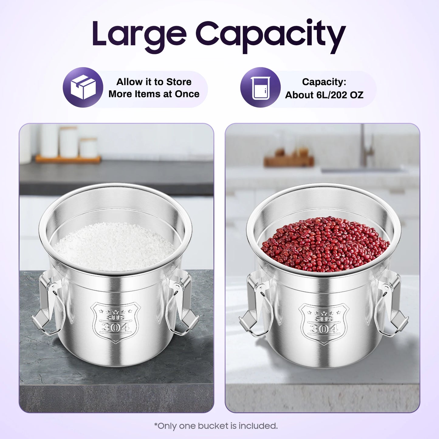 304 Stainless Steel 6L Grain Container, Countertop Rice Dispenser for Kitchen Hotel Canteen