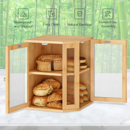 Bamboo Countertop Corner Bread Box Large Capacity 2-Tier