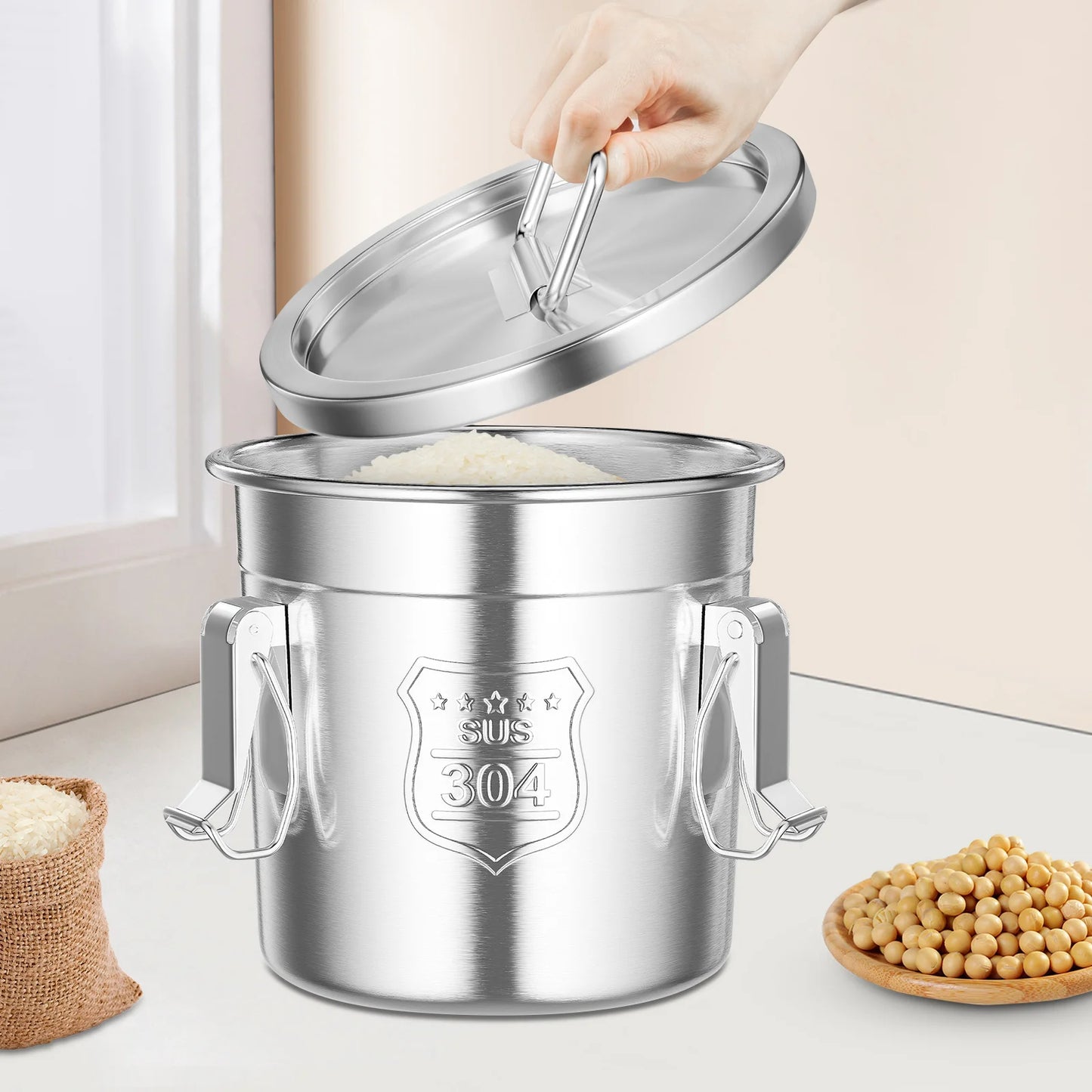6L Stainless Steel Grain Container Kitchen Rice Grain Oil Storage Barrel w/ Handles+Lid Locking Clamp Airtight Canister, 20*20cm