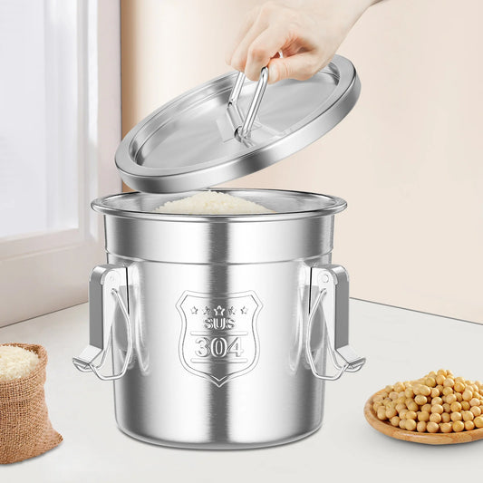 6L Stainless Steel Grain Container Kitchen Rice Grain Oil Storage Barrel w/ Handles+Lid Locking Clamp Airtight Canister, 20*20cm