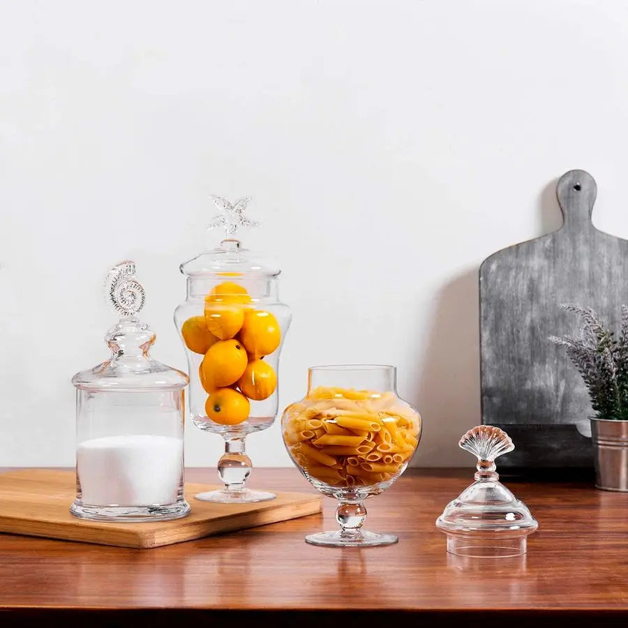 Clear Glass Apothecary Jars with Lid, Decorative Seashell Design Bathroom Canister, Footed Candy Buffet Containers, Set of 3