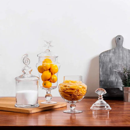 Clear Glass Apothecary Jars with Lid, Decorative Seashell Design Bathroom Canister, Footed Candy Buffet Containers, Set of 3