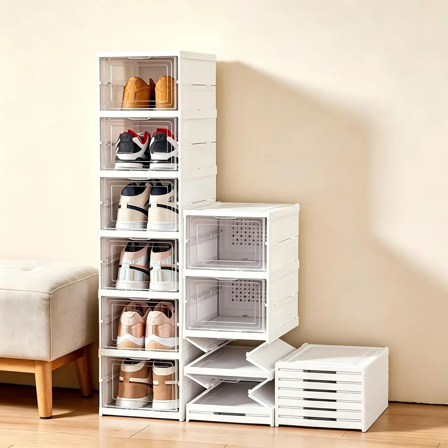 6 Layers Shoes Box Foldable Transparent Sneaker Shoe Storage Organizers Box Stackable Dustproof High-top Cabinet Shoe Rack Shelf