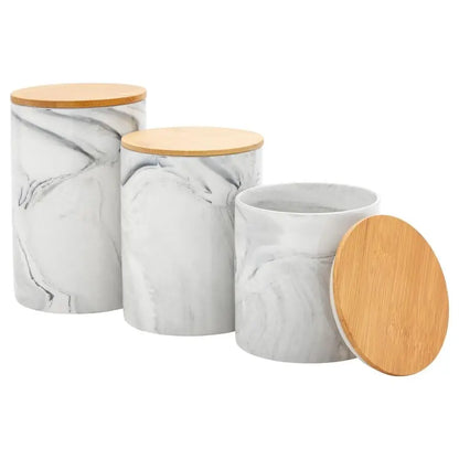 Ceramic Jar Set Airtight Wood Lids for Kitchen Countertop Jars White Marble Ceramic
