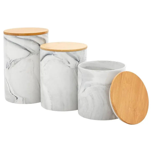 Ceramic Jar Set Airtight Wood Lids for Kitchen Countertop Jars White Marble Ceramic