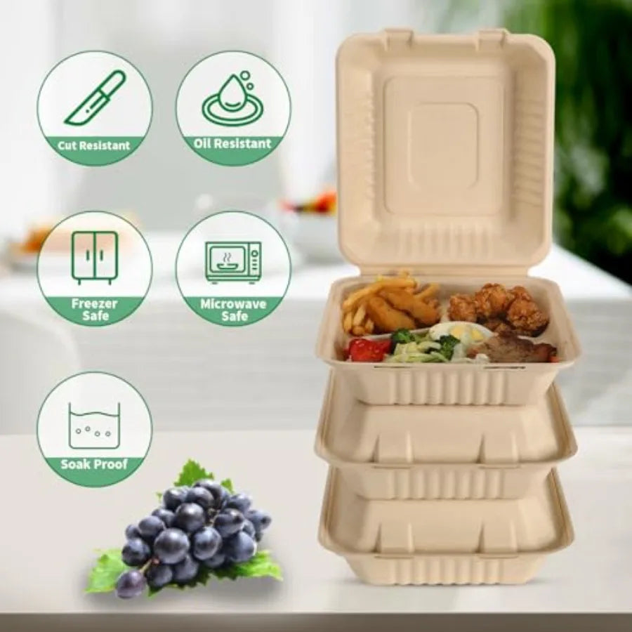 100 Pack 3 Compartment Compostable 8x9 Inch Takeout Lunch Box Containers with Lid for Food Storage and To Go Meals Eco-Friendly