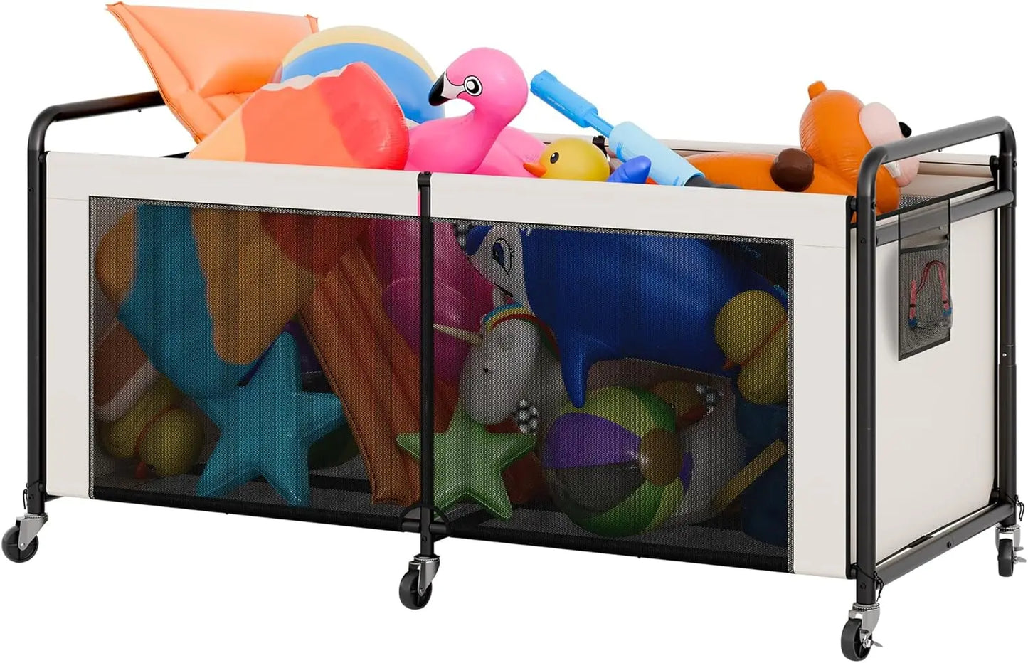 Large 295 Gallon Pool Float Storage with Wheels and Side Pockets, Outdoor Toy Organizer in Beige