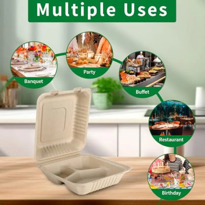 100 Pack 3 Compartment Compostable 8x9 Inch Takeout Lunch Box Containers with Lid for Food Storage and To Go Meals Eco-Friendly