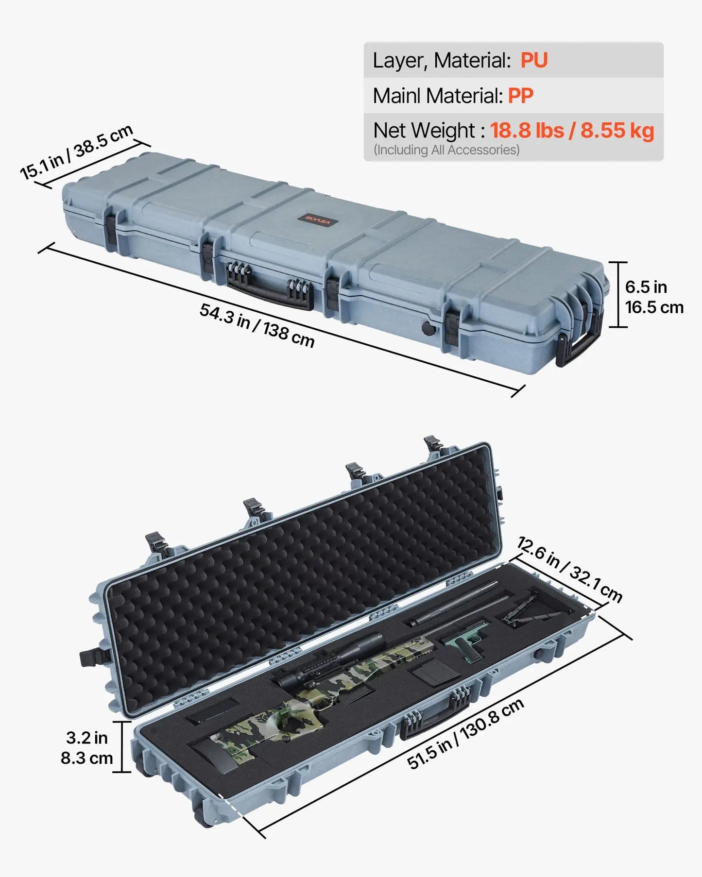 Hard Rifle Case, Lockable Rifle Case with Pre-cut Foams, 50 in Movable Gun Storage with Wheels, IP67 Waterproof & Dustproof