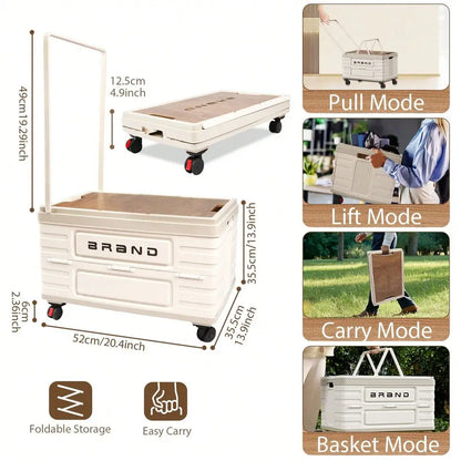 Utility Cart Portable Rolling Crate Handcart Shopping Trolley Collapsible Tool Box With Wooden Lid, Basket On 4 Rotate Wheels,