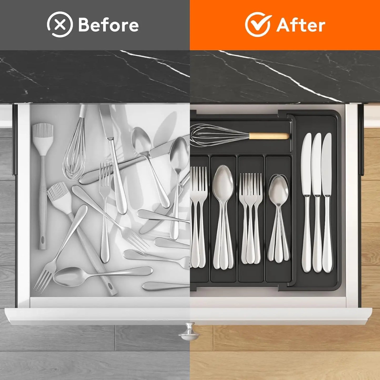 Lifewit Expandable Silverware Organizer, Plastic Utensil Tray for Kitchen Drawer, BPA Free Flatware Cutlery Holder, Space-Saving Storage for Spoons Forks Knives, 8.5-14 x 12 x 1.5 inch, Black