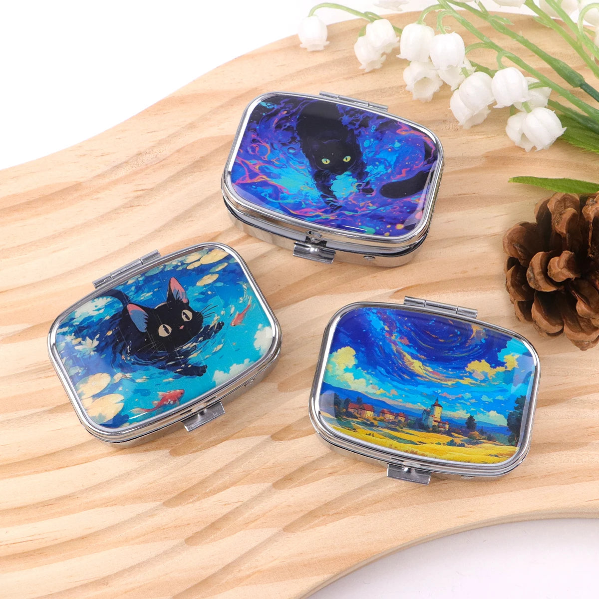Cute Cats Pill Box Divided Metal Square Animals Tiger Birds Pill Box Travel Portable Medicine Case