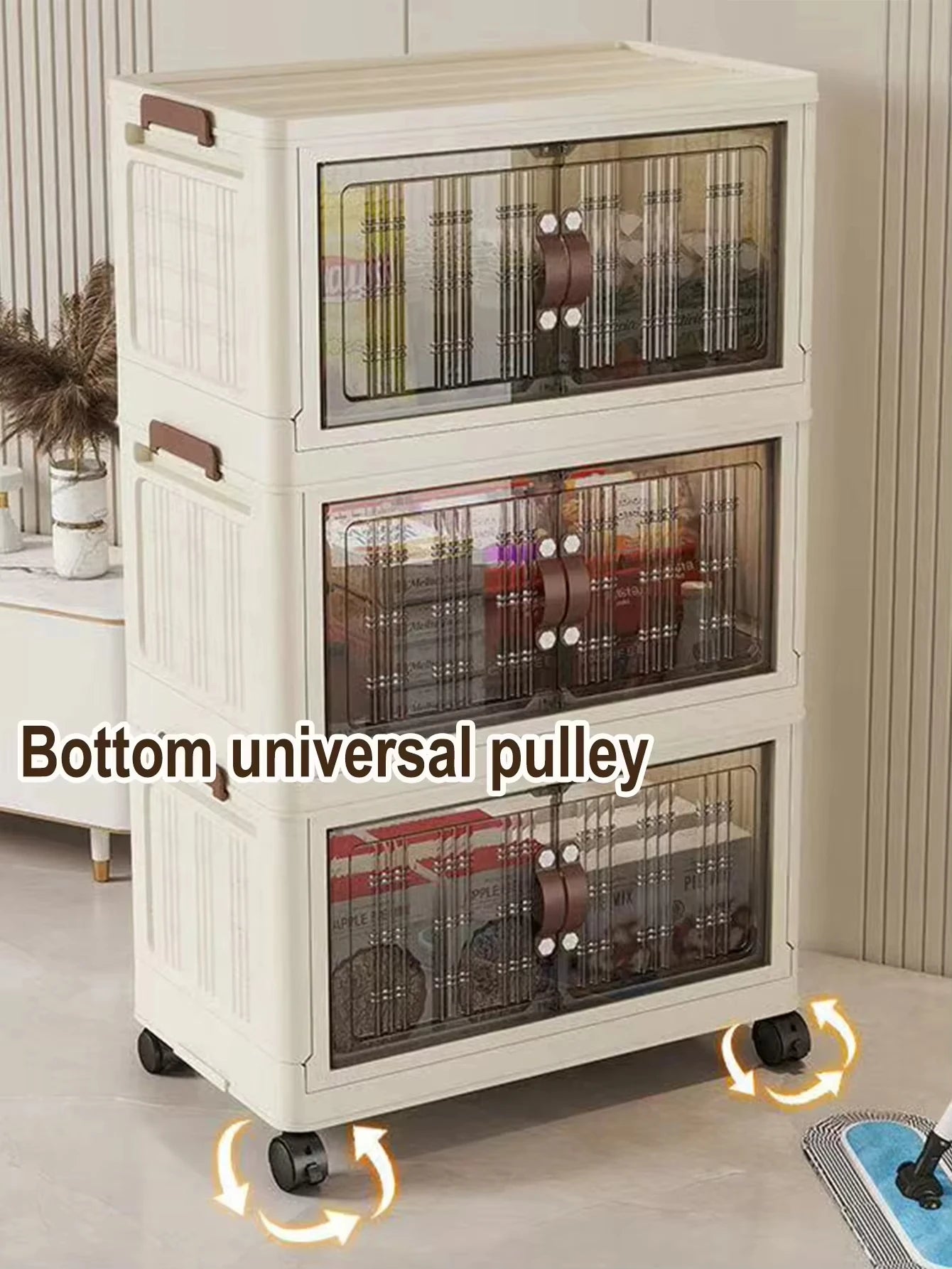 Stackable Plastic Storage Cabinet - Large Capacity with Doors & Wheels, Easy to Assemble, Closed Durable Design, for Bedroom