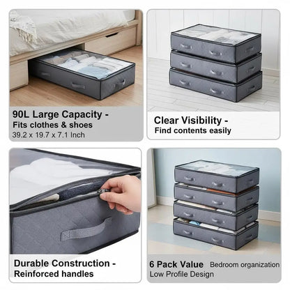Underbed Storage Containers 39.2 x 19.7 x 7.1 Inch For Bedroom Dormitory Closet, 90L Capacity Low Profile Drawer Design Trans