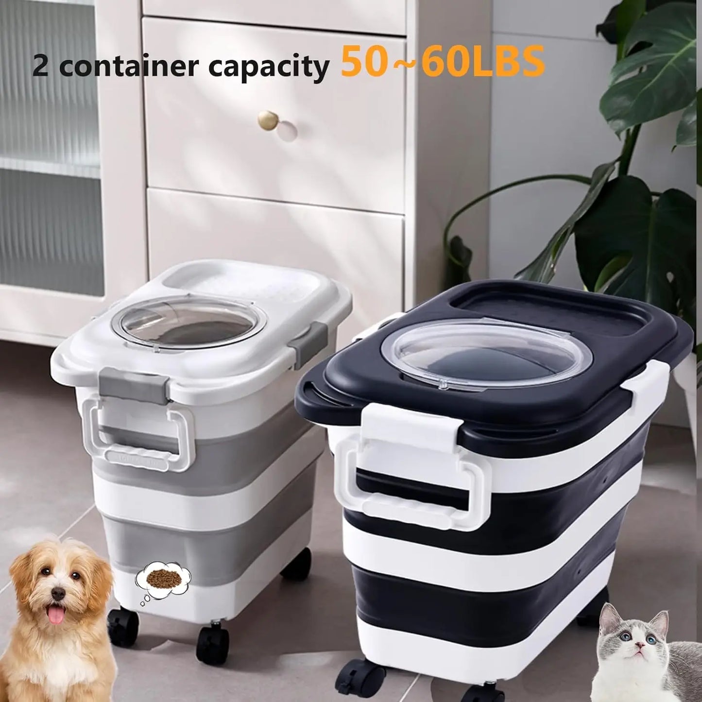 2-Pack Collapsible Pet Food Storage Container with Wheels & Scoop, 25 lbs Capacity Each, Black+White