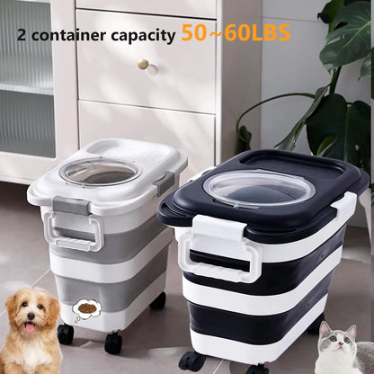 2-Pack Collapsible Pet Food Storage Container with Wheels & Scoop, 25 lbs Capacity Each, Black+White