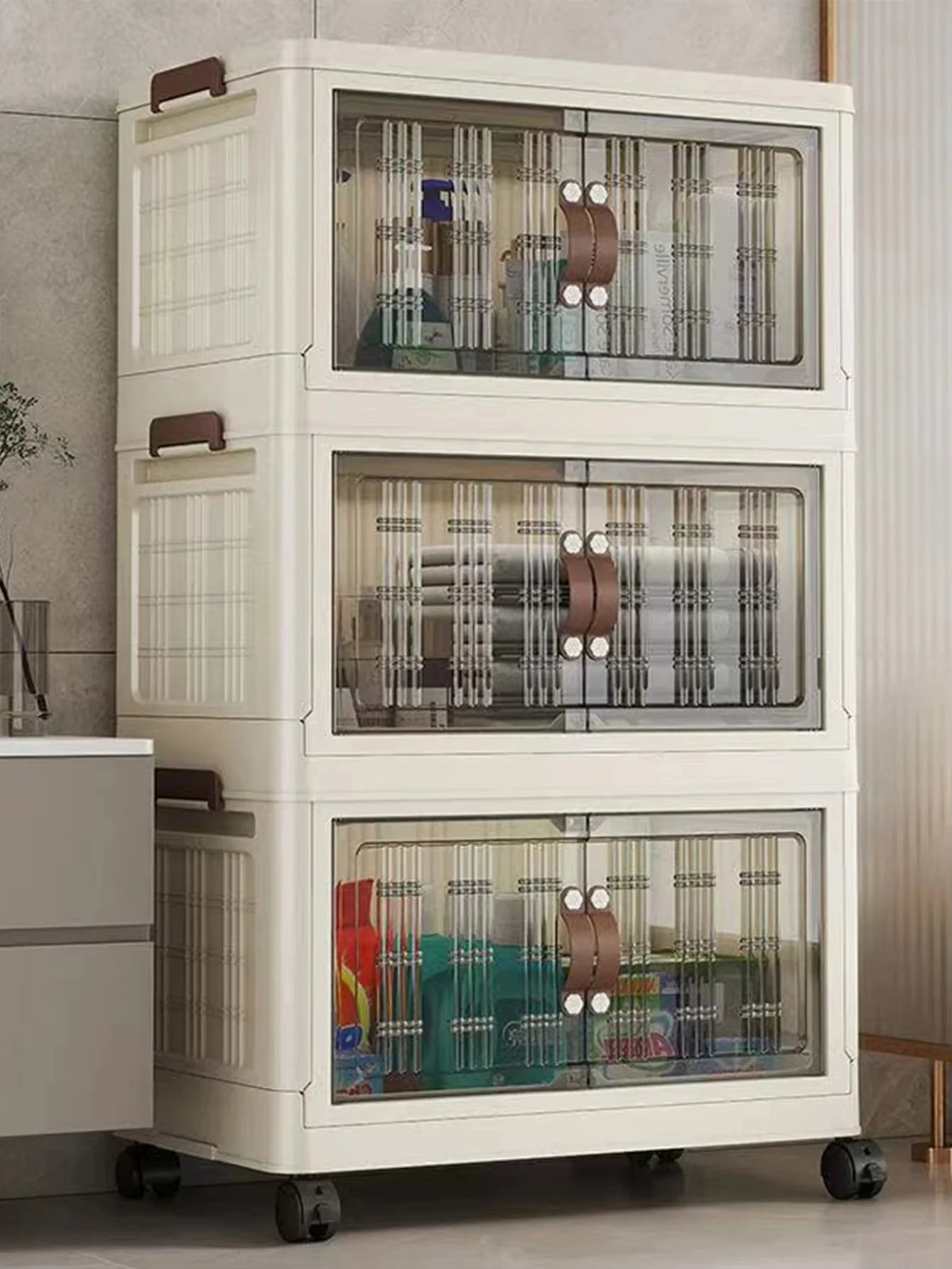 Stackable Plastic Storage Cabinet - Large Capacity with Doors & Wheels, Easy to Assemble, Closed Durable Design, for Bedroom