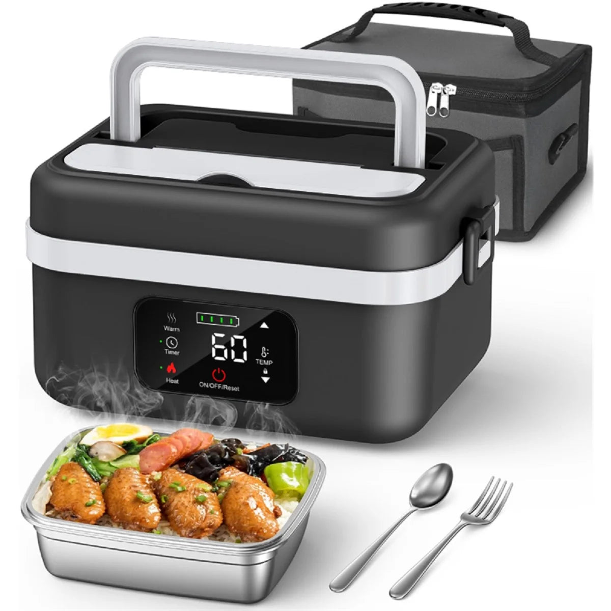 8000mAh Rechargeable Timer Automatic Heating Lunch Box, 1L Portable Food Warmer with Fork and Spoon and Insulated Carrying Bag