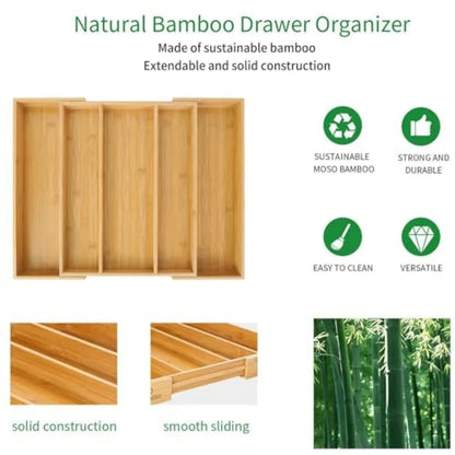 Bamboo Expandable Kitchen Drawer Organizer, Adjustable Utensil Holder and Cutlery Tray Organiser, Drawer Divider for Silverware