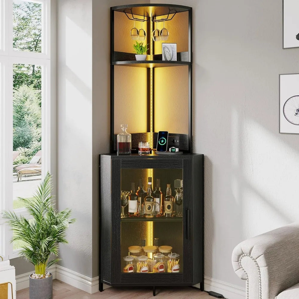 Corner Wine Cabinet with Power Outlets & LED Lights, Corner Bar Cabinet with Glass Holder, Liquor Bar Rack Cabinet for