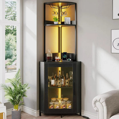 Corner Wine Cabinet with Power Outlets & LED Lights, Corner Bar Cabinet with Glass Holder, Liquor Bar Rack Cabinet for