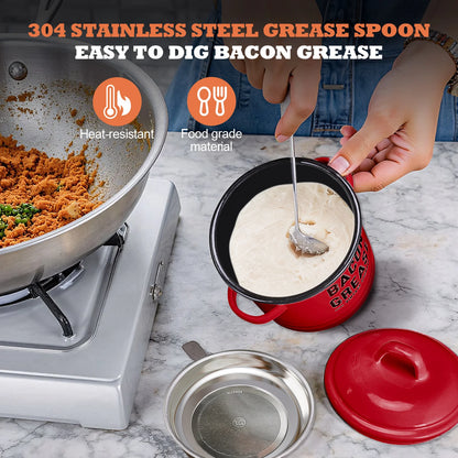 Bacon Grease Container with Strainer - Large 46OZ Red Kitchen Oil Storage Can, Food Saver Bin with Lid | Farmhouse Cooking Pot