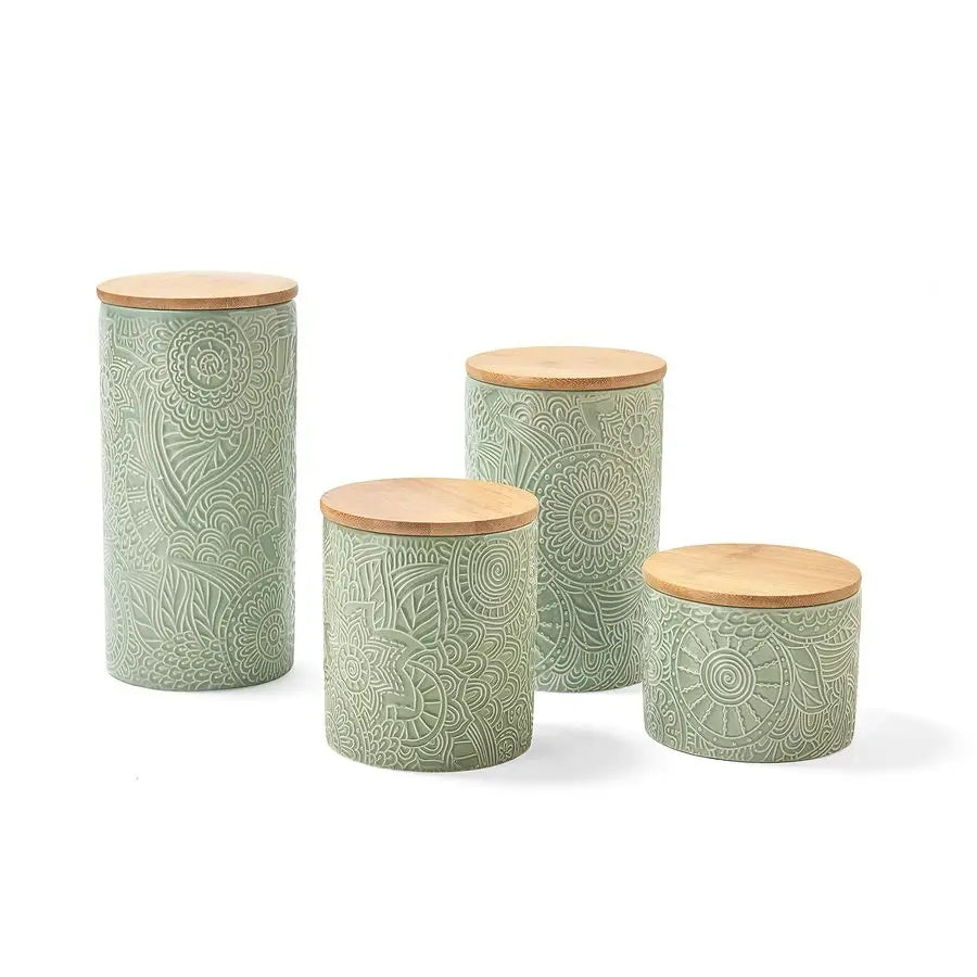 Embossed Canister Set 4Piece Ceramic Set Jar Container with Wooden Lids for Cookies, Candy, Coffee, Flour, Sugar, Rice, Pasta, C